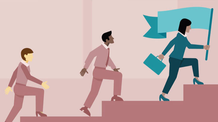 Think Leader, Think Leader. Image with woman leading the team